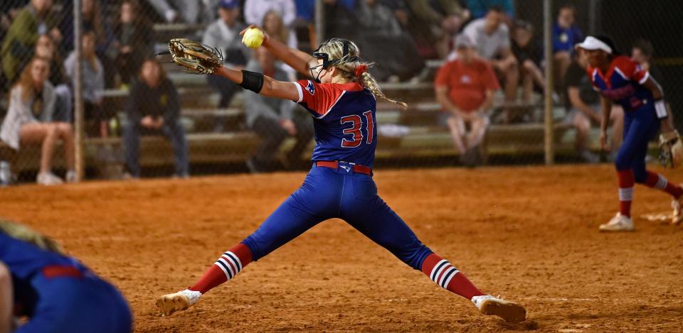 Lake Brantley's pitcher Hannah Marien closed out the game with the win 5-3 over Lakewood Ranch High on Thursday night, March 24, 2022, at the ranch's softball field.