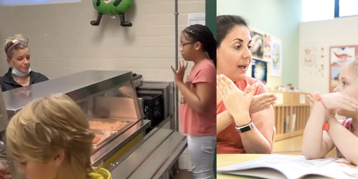 teacher, lunch worker, ASL, students 