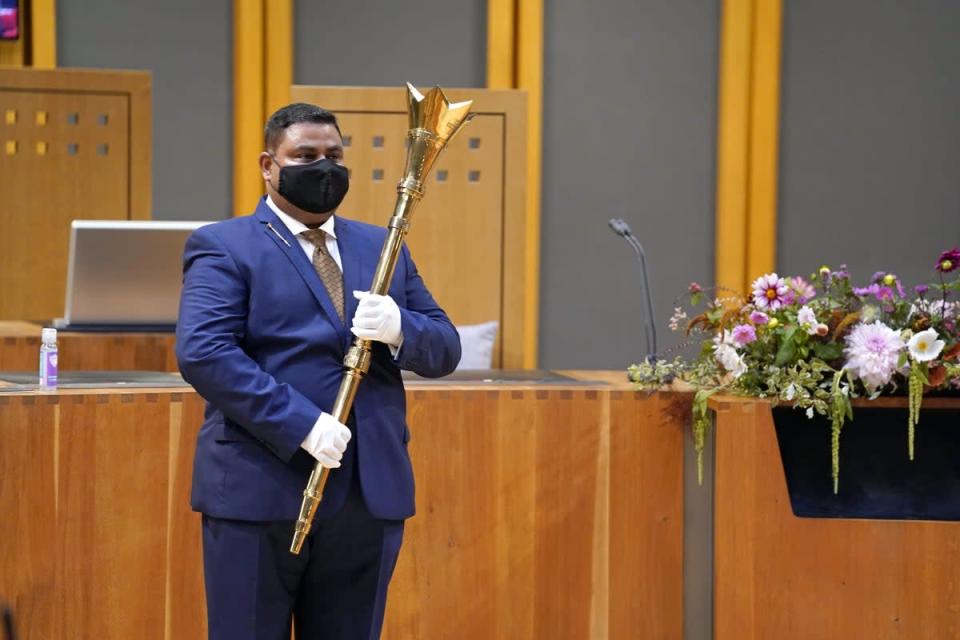 Shahzad Khan carried the ceremonial mace at the opening of the sixth Senedd in Cardiff last year (Andrew Matthews/PA) (PA Archive)
