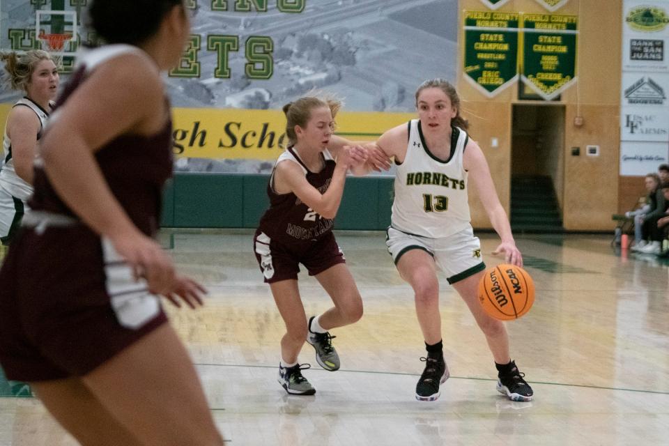 Pueblo County's Zoey Stupnik dribbles toward the basket in a game against Cheyenne Mountain on Friday, Dec. 9, 2022