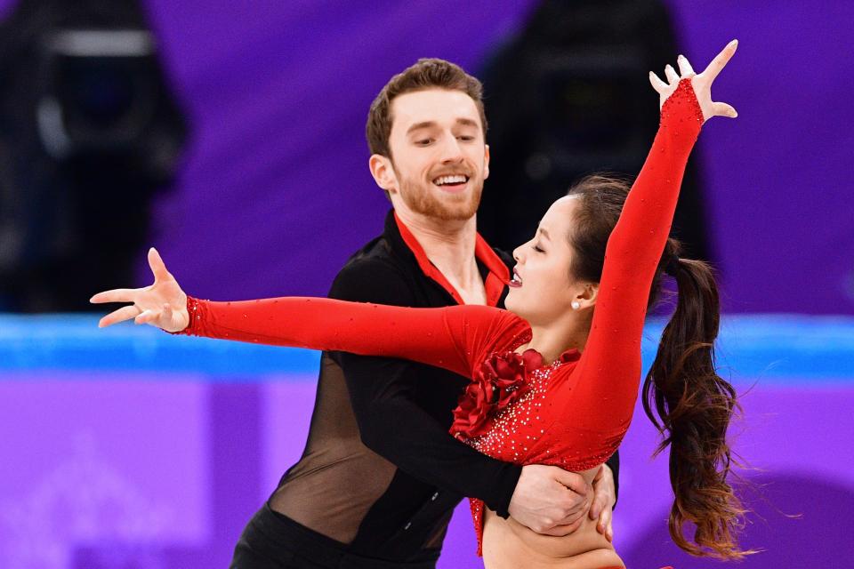 <p>South Korea’s Yura Min and South Korea’s Alexander Gamelin compete in the figure skating team event ice dance short dance during the Pyeongchang 2018 Winter Olympic Games at the Gangneung Ice Arena in Gangneung on February 11, 2018. / AFP PHOTO / Mladen ANTONOV </p>