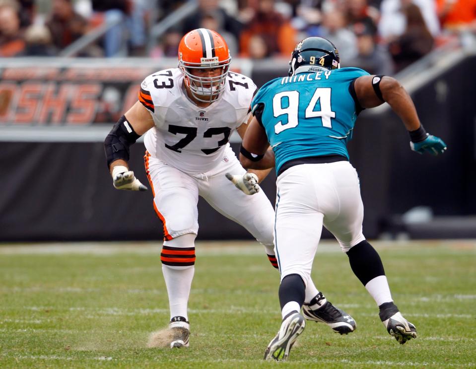 Joe Thomas in action for the Browns in 2011 vs. Jacksonville Jaguars defensive end Jeremy Mincey.