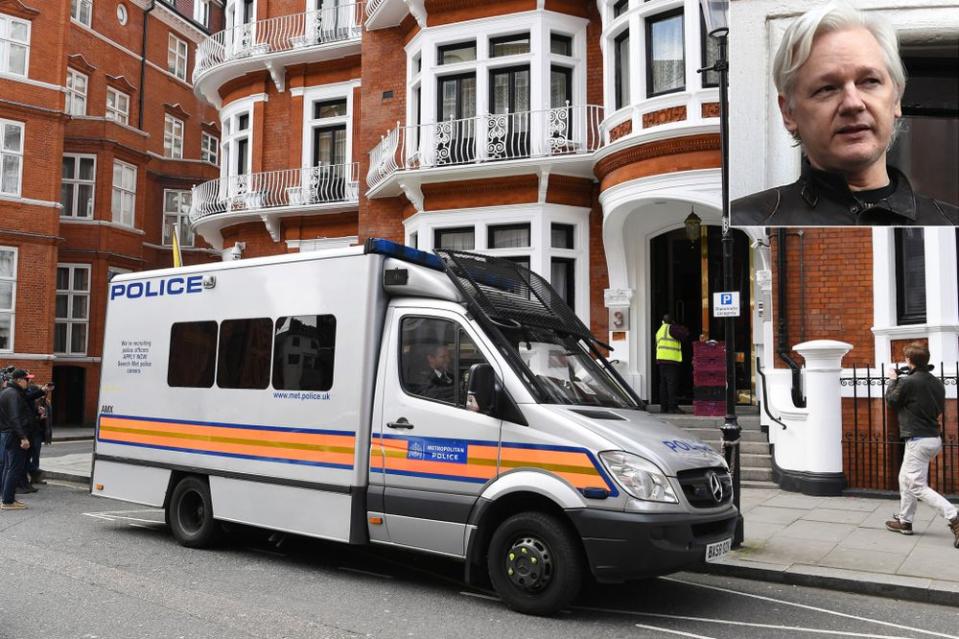 The scene outside the Ecaudorian Embassy in London where Julian Assange was arrested on Thursday. Inset: Assange. | ANDY RAIN/EPA-EFE/REX/Shutterstock; Jack Taylor/Getty Images