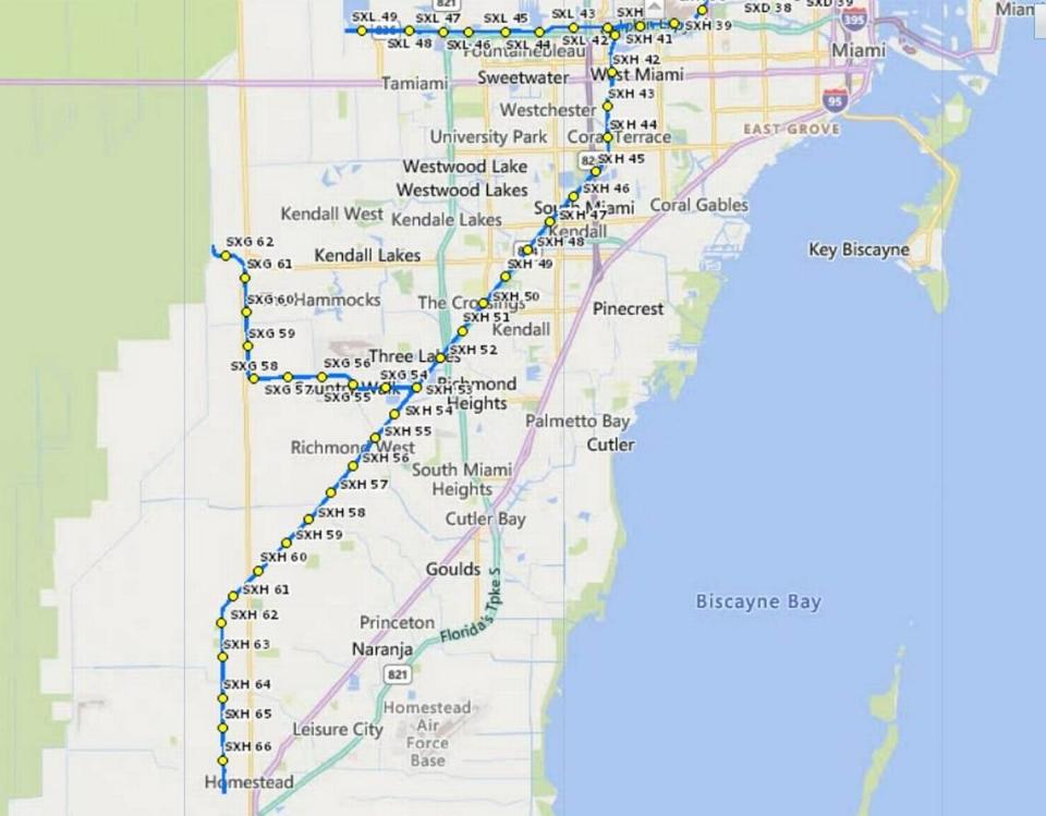 The freight railroad tracks belonging to Jacksonville’s CSX, pictured here in a company graphic, could be part of a new passenger service in Miami-Dade County if the local government and corporate executives can reach a deal. It’s an idea that’s been around since the 1980s, but cost has foiled plans in the past. The numbers in the map represent mile markers on the CSX lines.