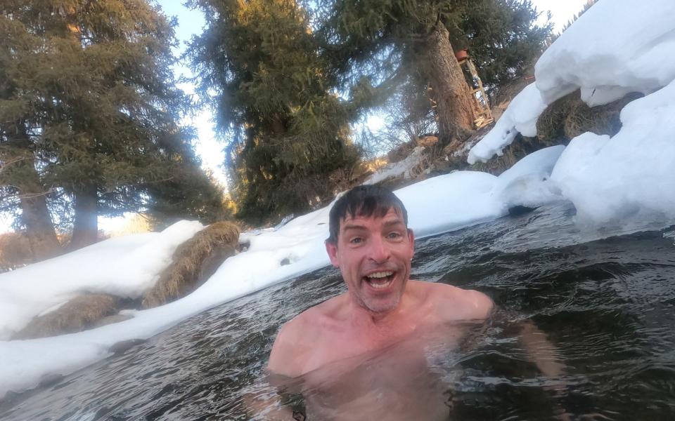 Tarquin enjoying a post-sauna cold plunge