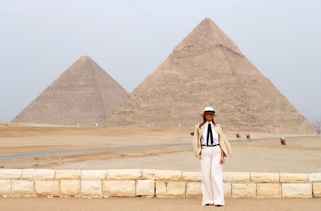 U.S. first lady Melania Trump visits the Pyramids in Cairo, Egypt, October 6, 2018. Reuters photographer Carlo Allegri: "The First Lady had taken a tour of African nations and could not depart the continent without a visit to the incredible pyramids of Egypt where I, as part of the traveling press pool, was able to make this photo of her looking out over Giza Pyramid Complex." REUTERS/Carlo Allegri