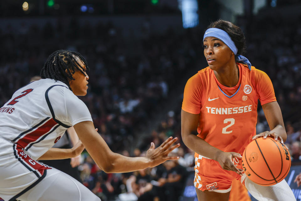 Tennessee forward Rickea Jackson, right, looks to drive against South Carolina forward Ashlyn Watkins, left, during the second half of an NCAA college basketball game in Columbia, S.C., Sunday, March 3, 2024. (AP Photo/Nell Redmond)