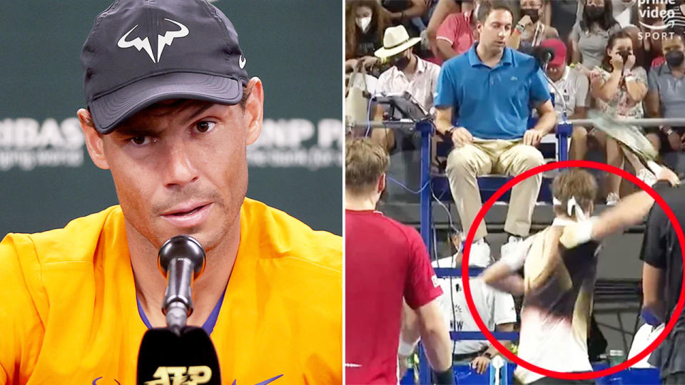 Pictured left is Rafa Nadal and Alexander Zverev's ugly umpire outburst on the right.