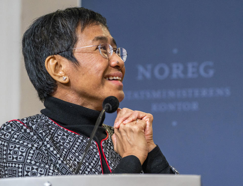 FILE - Nobel Peace Prize laureate Maria Ressa, from the Philippines, attends a news conference in Oslo, Saturday, Dec. 11, 2021. Ressa announced in a speech in Hawaii, Tuesday, June 28, 2022, that the Philippine government is affirming a previous order to shut down Rappler, the news website she co-founded, which has gained notoriety for its reporting of President Rodrigo Duterte's bloody crackdown on illegal drugs. (Hakon Mosvold Larsen/NTB scanpix via AP, File)