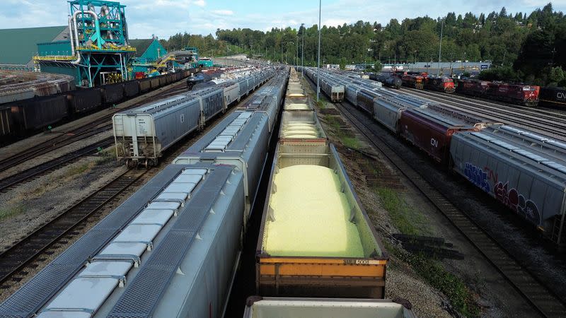 Freight rail cars sit in a Canadian National Railway Co. yard in North Vancouver