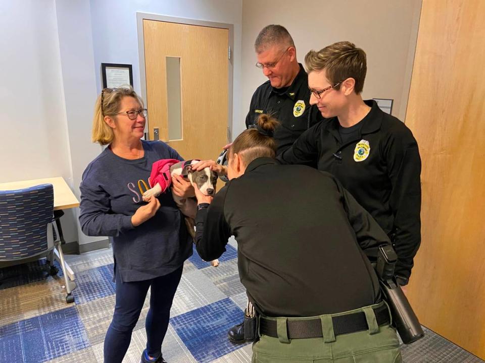 Deborah Sandlin of Pawfect Match holds Miss Percy at the Holly Springs Police Law Enforcement Center Jan. 5, 2022. The puppy was taken from an adoption fundraising event in Holly Springs on Dec. 12, 2021. Two people face charges in connection with stealing the dog.