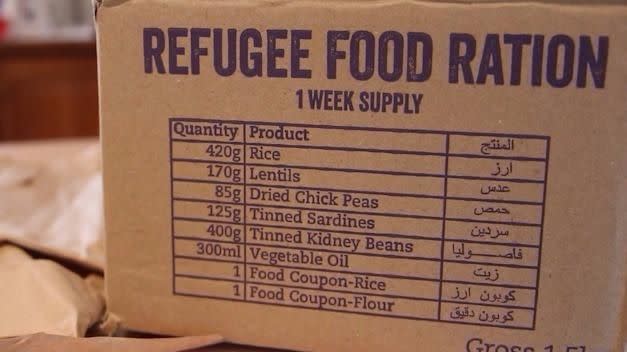 Ration packs are sent to participants, resembling the food received by Syrian refugees. Source: Supplied