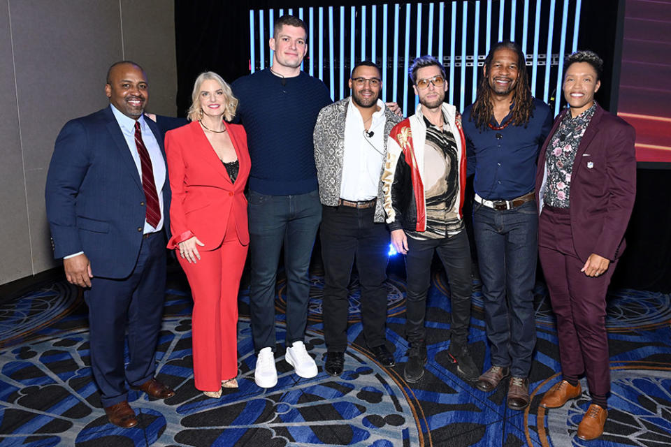 (L-R) Jonathan Beane, NFL SVP of Chief Diversity and Inclusion Officer, President & CEO of GLAAD Sarah Kate Ellis, Carl Nassib, Kevin Maxen, Lance Bass, LZ Granderson and Des Abrams attend “A Night of Pride” with GLAAD and the NFL presented by Smirnoff at Caesars Palace on February 07, 2024 in Las Vegas, Nevada.