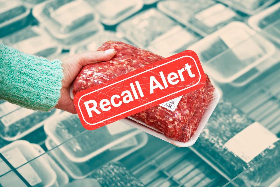 woman picking up a package of ground beef with a recall button over it