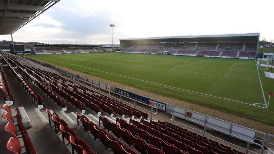 County Ground football stadium with a view over the seats to the pitch