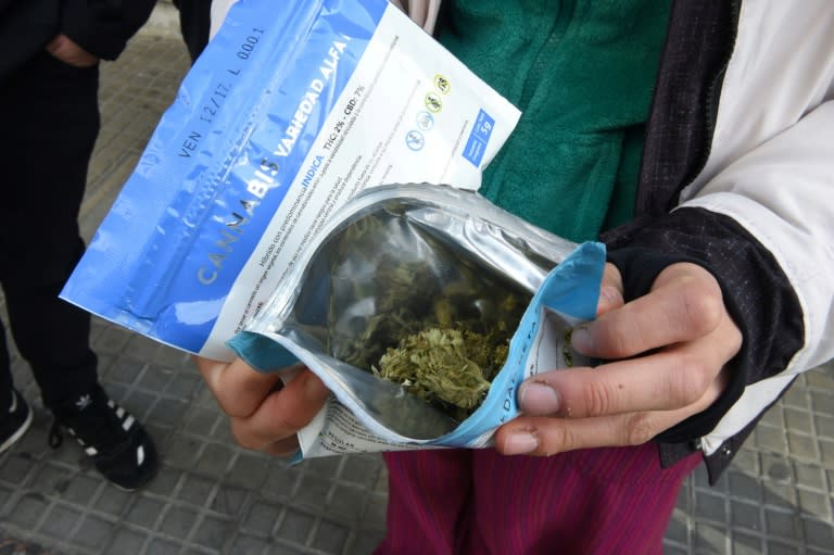 A man shows two envelopes containing marijuana he just purchased at a pharmacy in Montevideo, on July 19, 2017