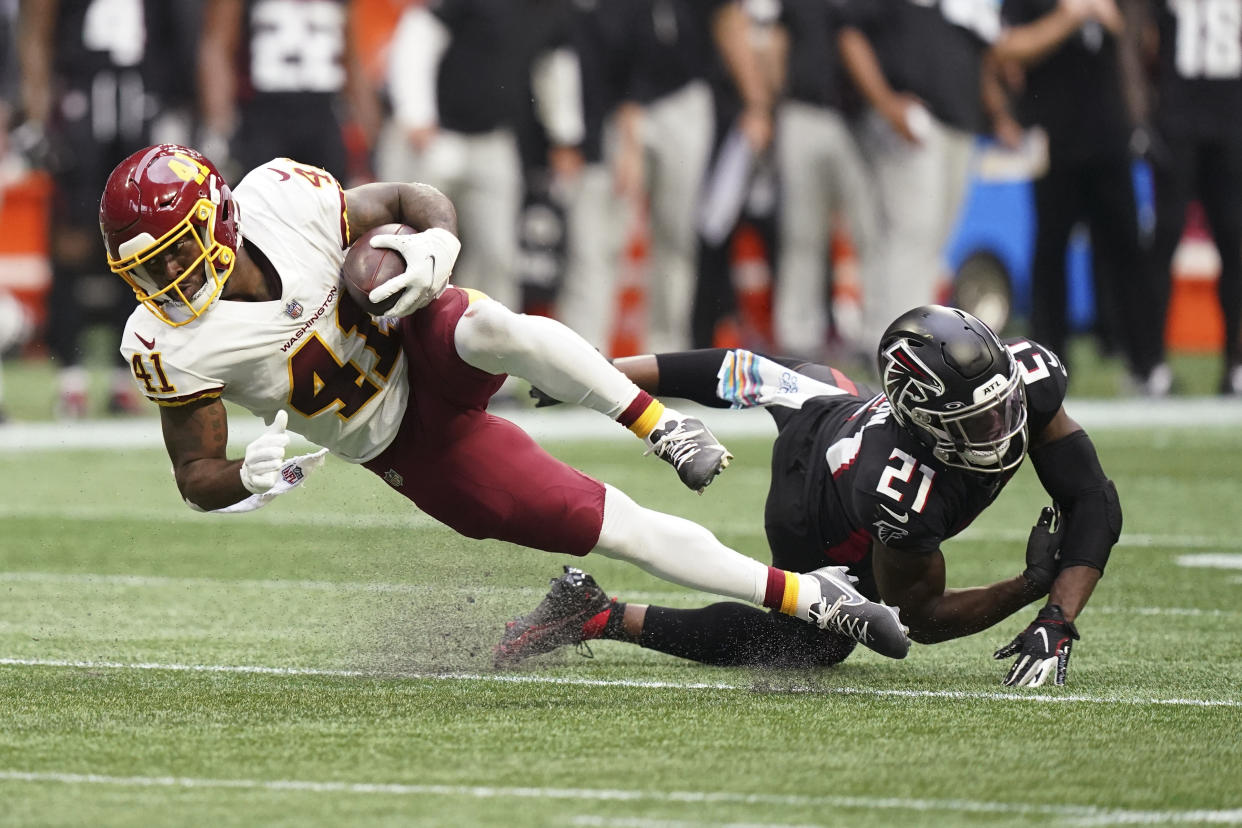 Washington Football Team running back J.D. McKissic (41) had a huge touchdown to beat the Falcons. (AP Photo/Brynn Anderson)