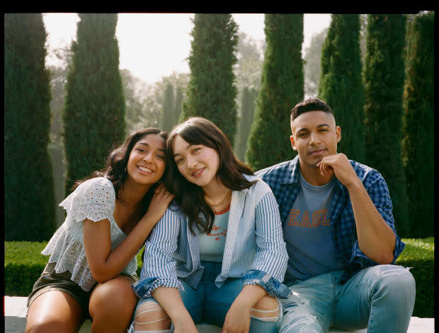 <em>Ramakrishnan</em> with mxmtoon and Michael Evans Behling in AE's Spring 2022 campaign.<p>Photo: Courtesy of American Eagle</p>