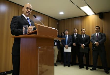 Brazil's Justice Minister Alexandre de Moraes attends a press conference on arrests made in at least two states before the start of the Rio 2016 Olympic Games, in Brasilia July 21, 2016. REUTERS/Adriano Machado