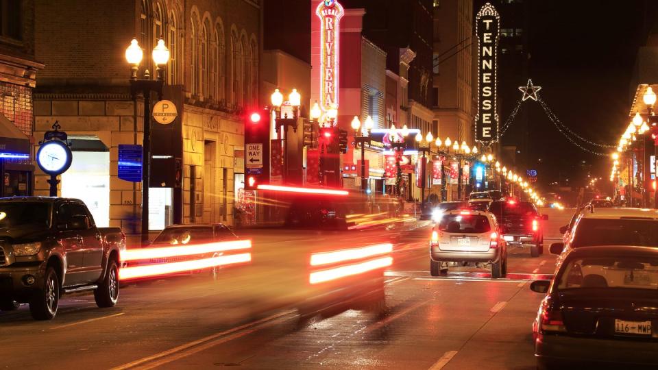 night view of downtown street