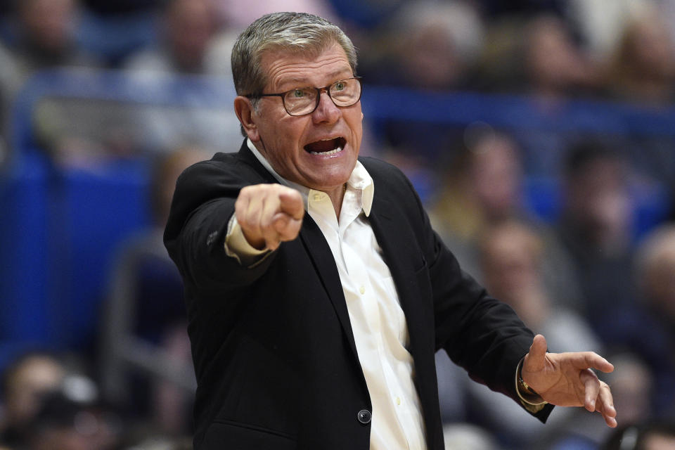 Connecticut head coach Geno Auriemma calls out to an official in the second half of an NCAA college basketball game against Houston, Saturday, Jan. 11, 2020, in Hartford, Conn. (AP Photo/Jessica Hill)