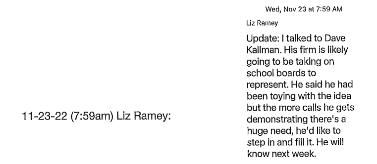 Screen capture of a text message from Allendale school board vice president Liz Ramey to fellow Ottawa Impact board members.