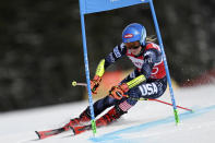 United States' Mikaela Shiffrin speeds down the course during an alpine ski, women's World Cup giant slalom race, in Are, Sweden, Friday, March 10, 2023. (Pontus Lundahl/TT News Agency via AP)