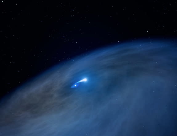 An artist's conception depicts an immense disk of gas surrounding a massive, bright Wolf-Rayet star (at center).