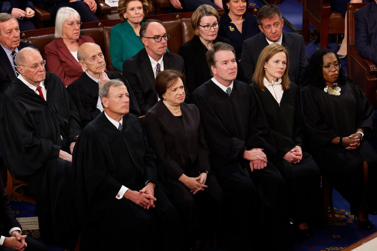 (L-R) Former Supreme Court justices Anthony Kennedy and Stephen Breyer join Chief Justice John Roberts and current associate justices Elena Kagan, Brett Kavanaugh, Amy Coney Barrett and Ketanji Brown Jackson for U.S. President Joe Biden's State of the Union address to a joint session of Congress at the U.S. Capitol on February 07, 2023 in Washington, DC.