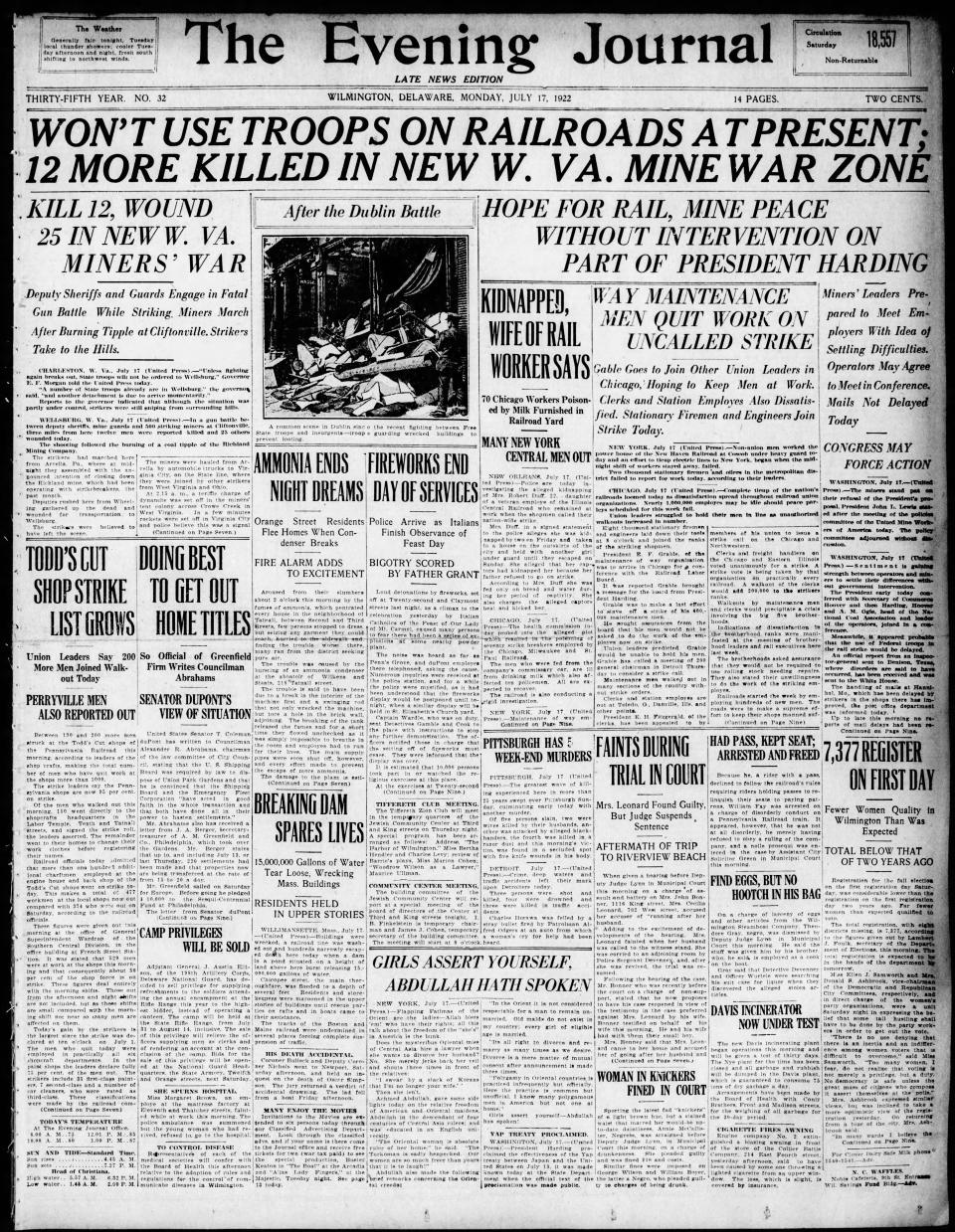 Front page of The Evening Journal from July 17, 1922.