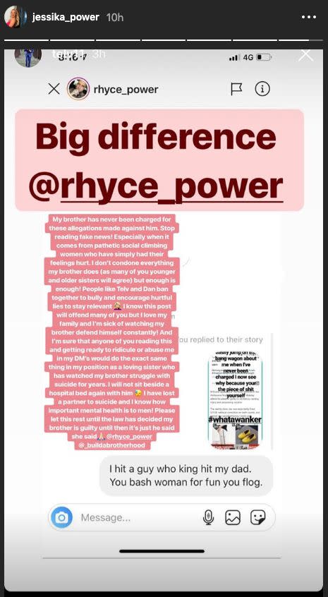 Jessika Power's Instagram story about her brother Rhyce's mental health