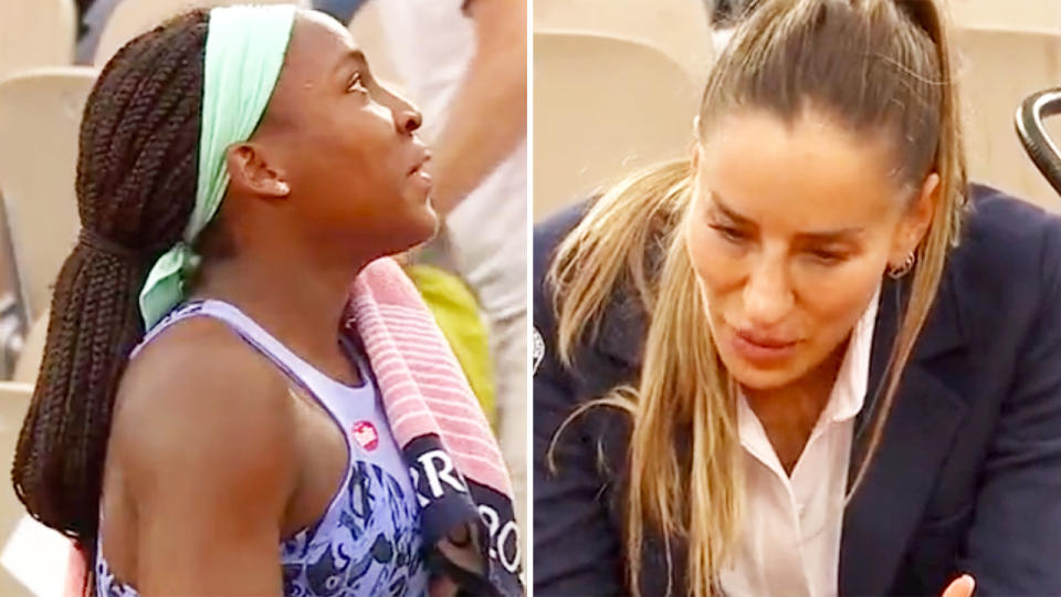 Coco Gauff, pictured here receiving a warning for coaching in the first round at the French Open.