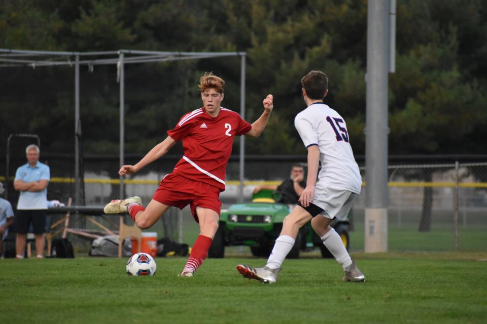 Martinsville forward Martin Barco IV ready's his leg for a pass downfield in their sectional match against Terre Haute North on Oct. 4, 2021.