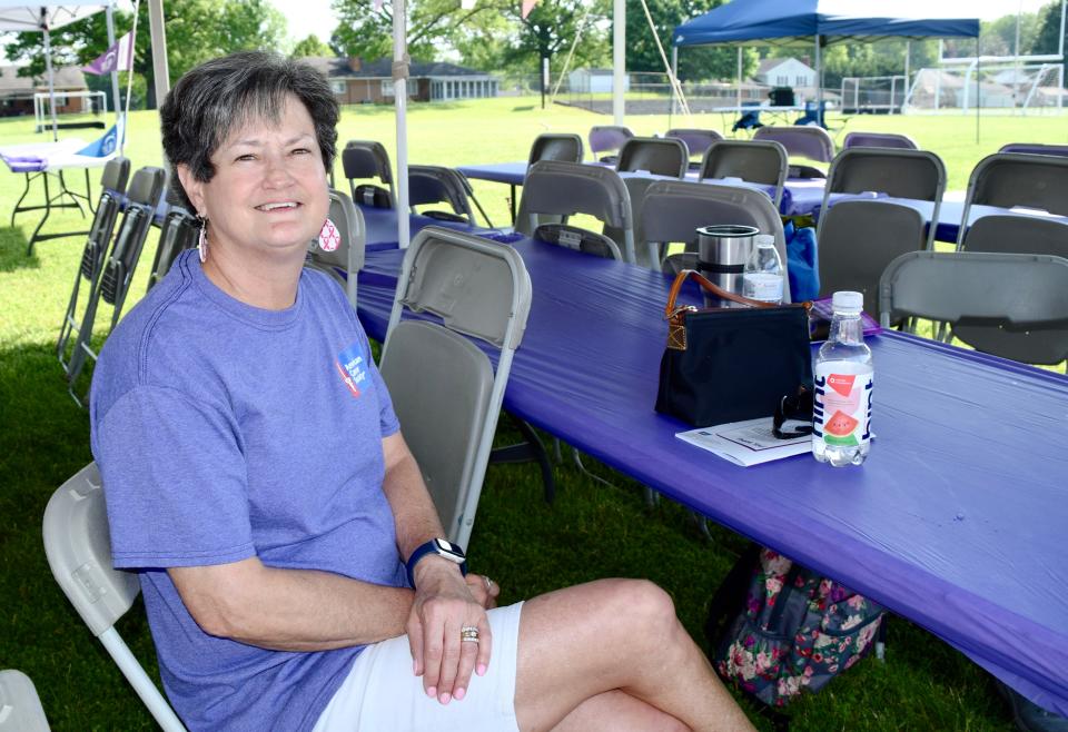 Beth Pryor of Fayetteville, Pa., talks about her own experience with cancer during Saturday's Relay for Life fundraiser in Greencastle, Pa.