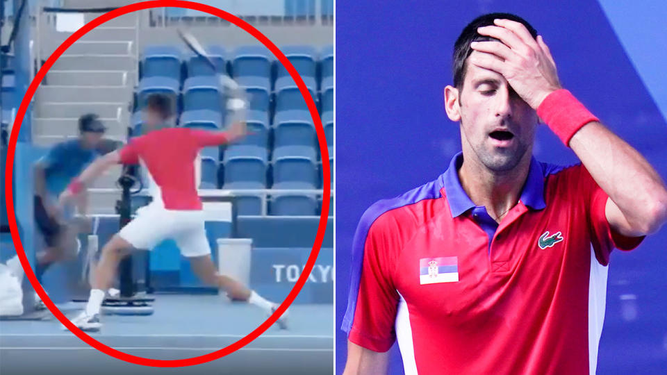 Novak Djokovic can be seen here smashing a racquet in his loss to Pablo Carreno-Busta at the Olympics.