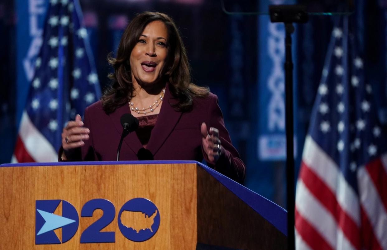 Senator Kamala Harris accepts the nomination to be the Democrats' vice-presidential candidate at the DNC on 19 August, 2020: REUTERS