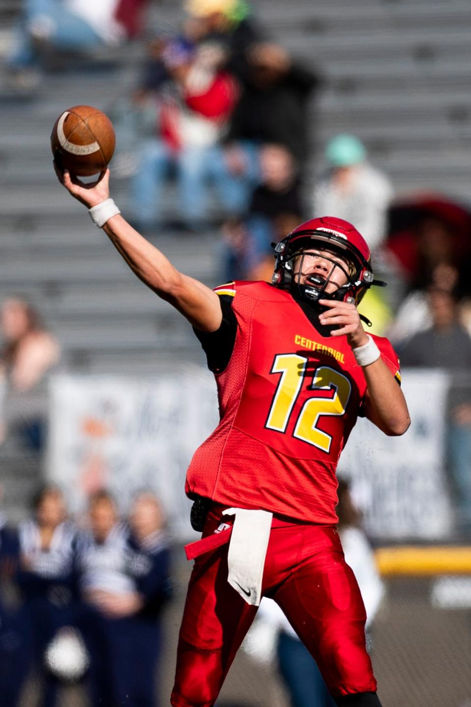 Centennial Hawk Daniel Hernandez throws a pass during a high school football playoff Saturday, Nov. 19, 2022, at the Field of Dreams 