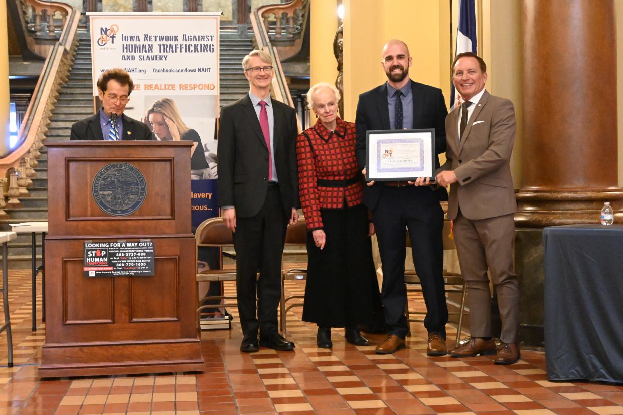 Leland Schipper, Des Moines human trafficking victim Piepler Lewis' ninth-grade teacher, is recognized for his efforts to aid her.