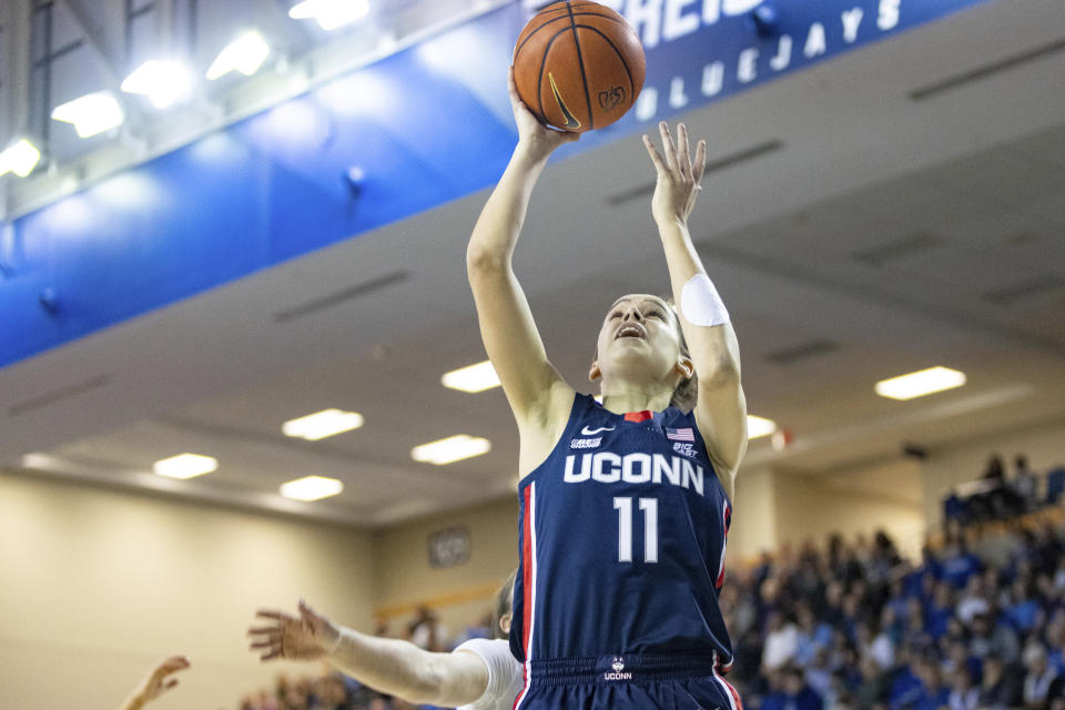 UConn's Lou Lopez-Senechal shoots against Creighton during the first quarter of an NCAA college basketball game Wednesday, Dec. 28, 2022, in Omaha, Neb. (AP Photo/John Peterson)