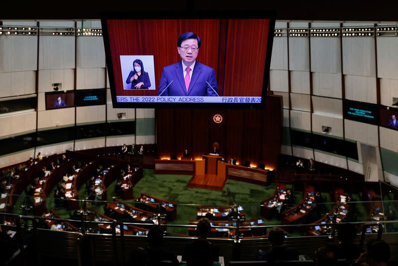 Hong Kong Chief Executive John Lee delivers his first annual policy address at the Legislative Council in Hong Kong