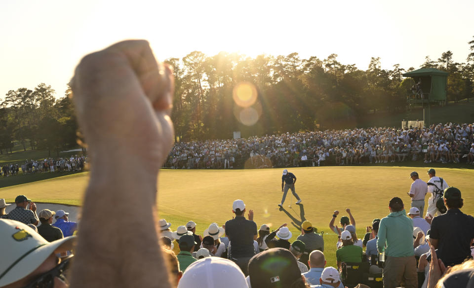 AUGUSTA, GEORGIA - APRIL 13: Max Homa retrieves his ball after at the 18th green after finishing his third round of  Masters Tournament at Augusta National Golf Club on April 13, 2024 in Augusta, Georgia. (Photo by Ben Jared/PGA TOUR via Getty Images)