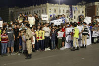 Hundreds of demonstrators protest in Tripoli, Libya, on Friday, Sept. 24, 2021, in opposition to the country’s parliament passing a vote of no-confidence in the transitional government. The motion, passed on Tuesday, represents a challenge to planned December elections and impedes efforts to unite the oil-rich North African nation after a decade of turmoil. (AP Photo/Yousef Murad)