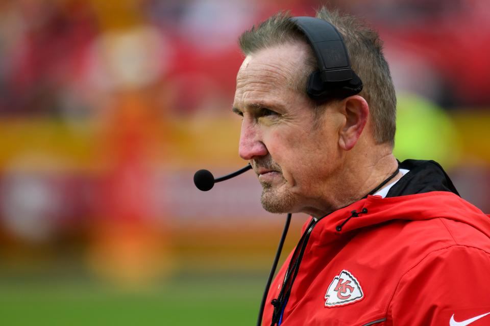 Kansas City Chiefs defensive coordinator Steve Spagnuolo watches during the second half of an NFL football game against the Las Vegas Raiders, Monday, Dec. 25, 2023 in Kansas City, Mo. (AP Photo/Reed Hoffmann)