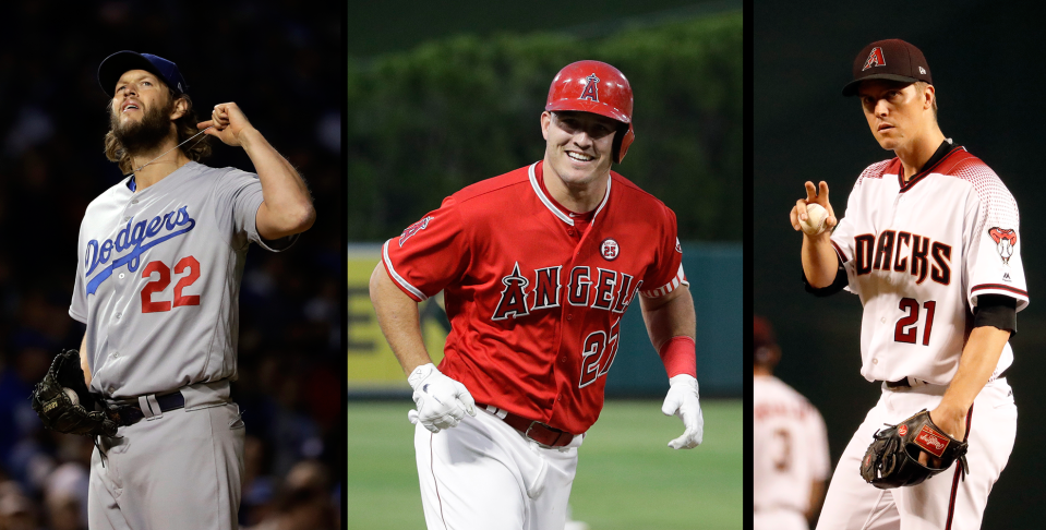 Leading MLB’s highest-paid player list in 2018: Mike Trout, Clayton Kershaw and Zack Greinke. (AP)