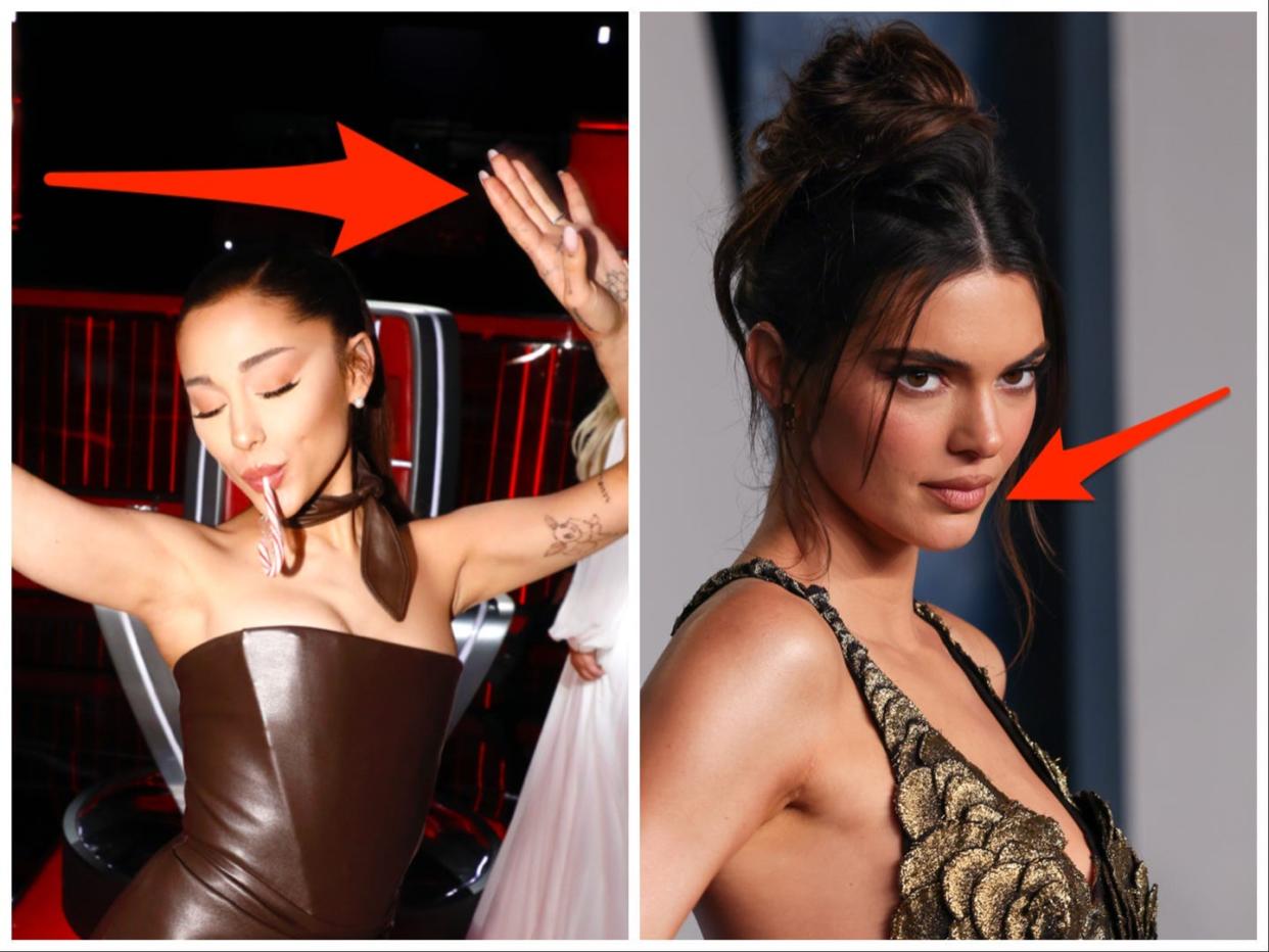 Collage of Ariana Grande and Kendall Jenner with arrows pointing to their tattoos.