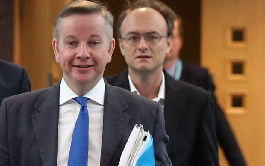 Michael Gove and Dominic Cummings, pictured during their time working together at the Department for Education in 2012 - Oli Scarff/Getty Images Europe