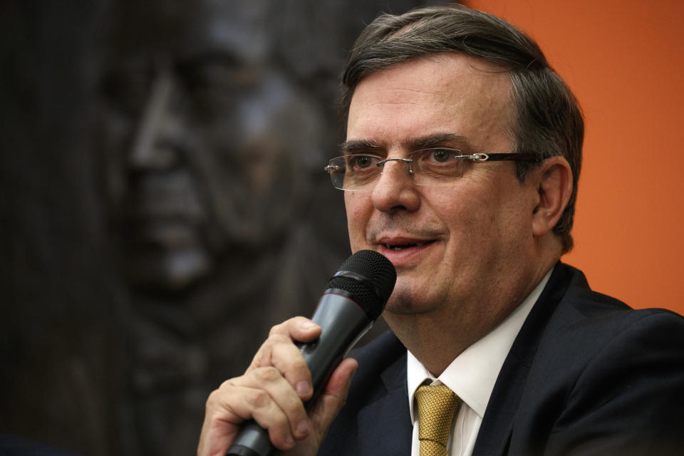 Marcelo Ebrard, Mexico's Secretary of Foreign Affairs, speaks during a news conference at the Embassy of Mexico, Wednesday June 5, 2019, in Washington. (AP Photo/Jacquelyn Martin)