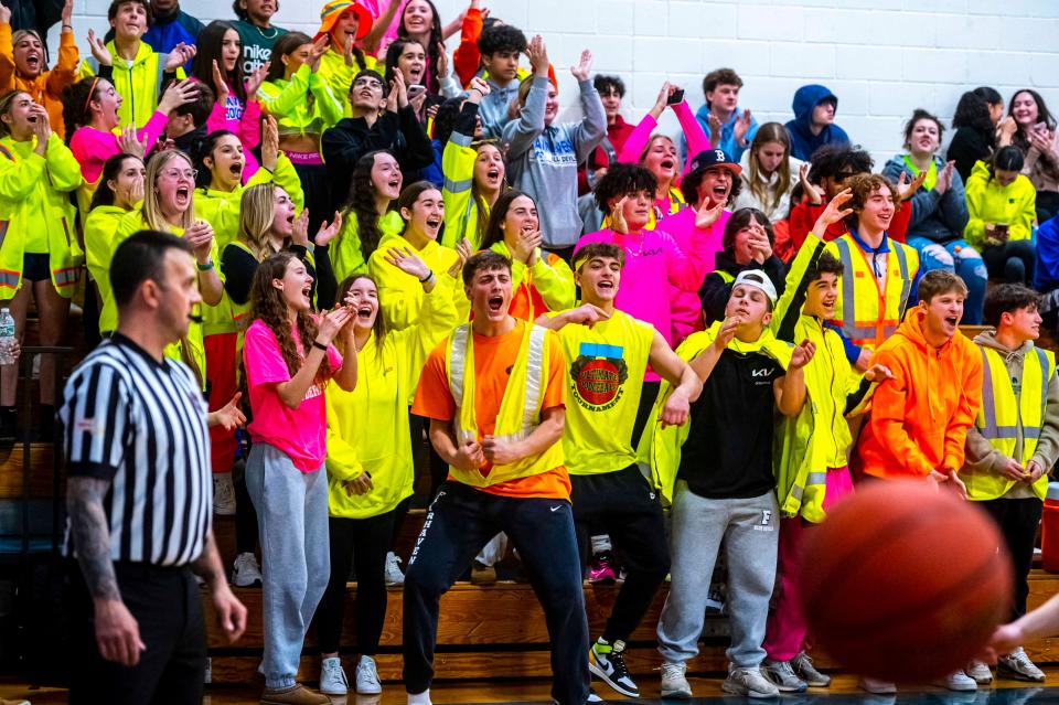 Fairhaven students celebrate as the Blue Devils take the lead with under a minute to go.