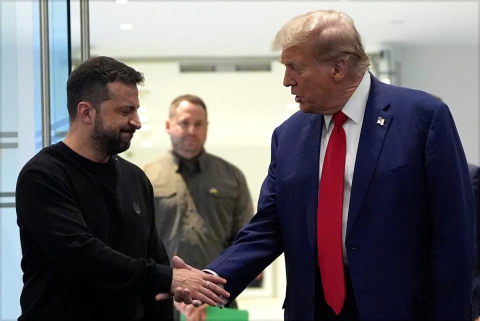 Republican presidential nominee former President Donald Trump meets with Ukraine's President Volodymyr Zelenskyy at Trump Tower, Friday, Sept. 27, 2024, in New York. (AP Photo/Julia Demaree Nikhinson) (AP)