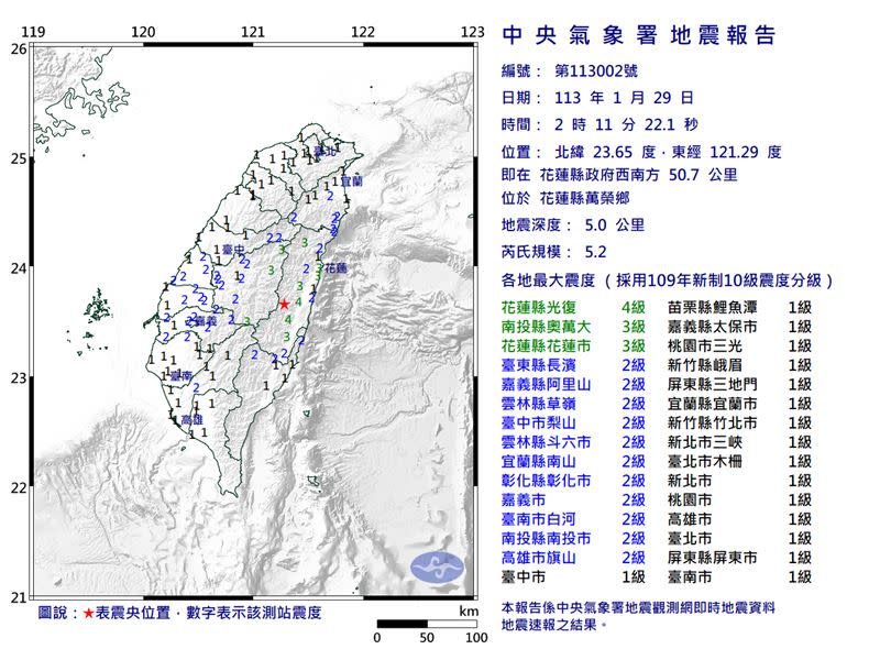 凌晨地牛翻身全台許多縣市都有感。（圖／翻攝自中央氣象署）